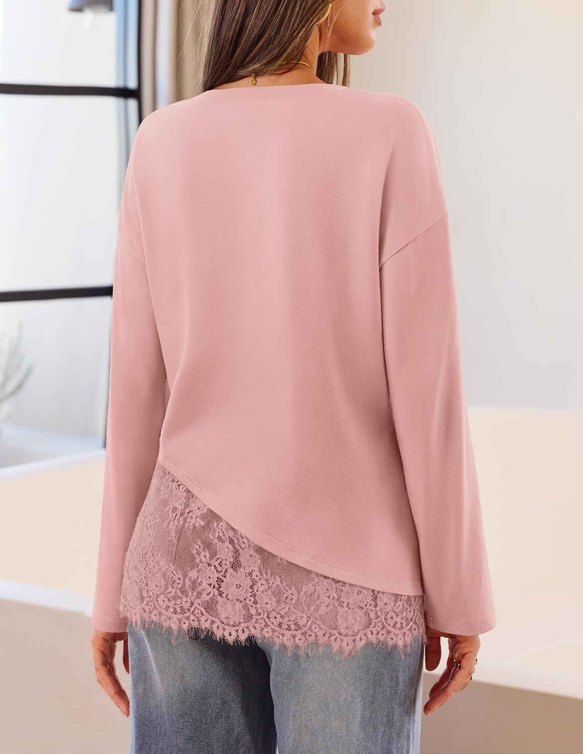 image:imageMEROKEETY Womens Long Sleeve Tops Fall 2026 Lace Patchwork Casual Shirts Elegant Asymmetrical Hem Classic Crew Neck Ribbed Trim Cotton Trendy Fashion Loose Fit Going Out Date Night BlousePink