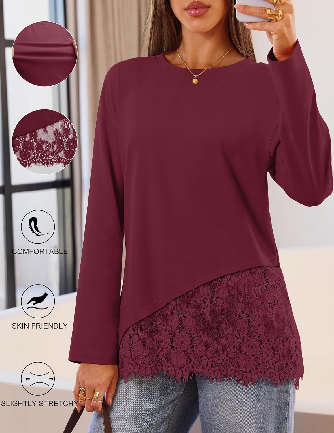 image:imageMEROKEETY Womens Long Sleeve Tops Fall 2026 Lace Patchwork Casual Shirts Elegant Asymmetrical Hem Classic Crew Neck Ribbed Trim Cotton Trendy Fashion Loose Fit Going Out Date Night BlouseBurgundy