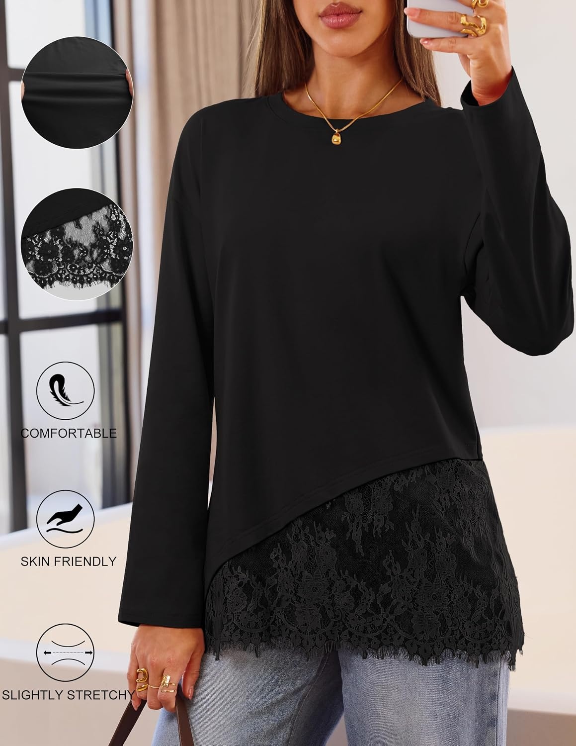 image:imageMEROKEETY Womens Long Sleeve Tops Fall 2026 Lace Patchwork Casual Shirts Elegant Asymmetrical Hem Classic Crew Neck Ribbed Trim Cotton Trendy Fashion Loose Fit Going Out Date Night BlouseBlack