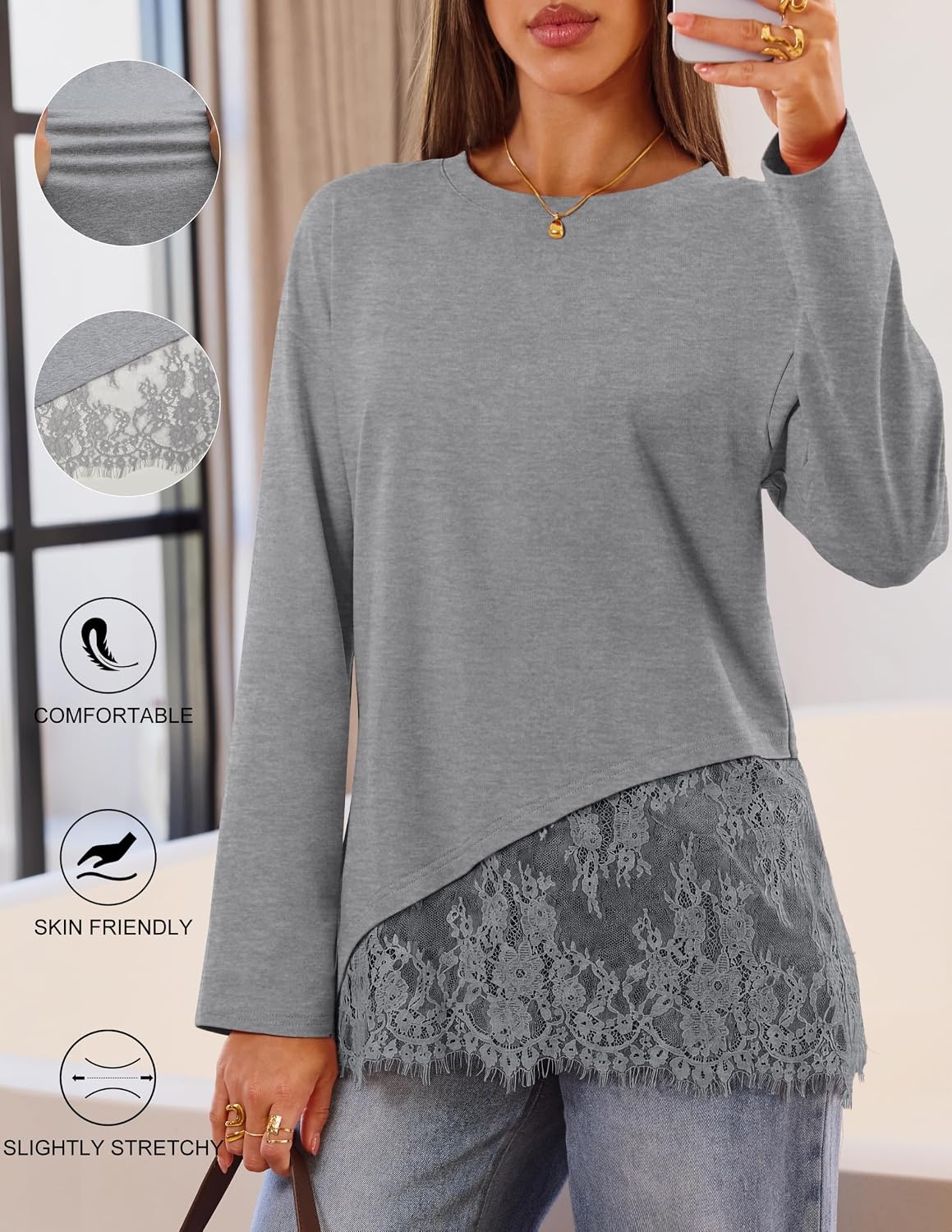 image:imageMEROKEETY Womens Long Sleeve Tops Fall 2026 Lace Patchwork Casual Shirts Elegant Asymmetrical Hem Classic Crew Neck Ribbed Trim Cotton Trendy Fashion Loose Fit Going Out Date Night BlouseGrey