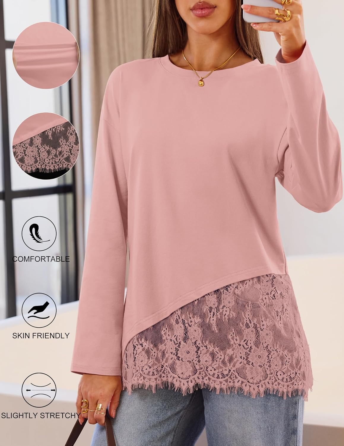 image:imageMEROKEETY Womens Long Sleeve Tops Fall 2026 Lace Patchwork Casual Shirts Elegant Asymmetrical Hem Classic Crew Neck Ribbed Trim Cotton Trendy Fashion Loose Fit Going Out Date Night BlousePink