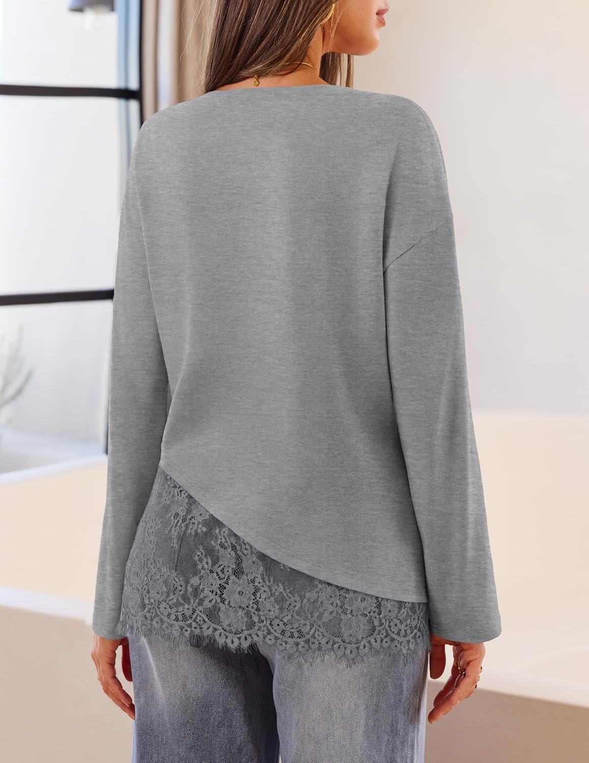 image:imageMEROKEETY Womens Long Sleeve Tops Fall 2026 Lace Patchwork Casual Shirts Elegant Asymmetrical Hem Classic Crew Neck Ribbed Trim Cotton Trendy Fashion Loose Fit Going Out Date Night BlouseGrey