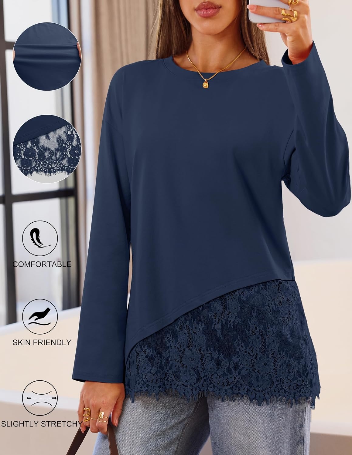 image:imageMEROKEETY Womens Long Sleeve Tops Fall 2026 Lace Patchwork Casual Shirts Elegant Asymmetrical Hem Classic Crew Neck Ribbed Trim Cotton Trendy Fashion Loose Fit Going Out Date Night BlouseNavy