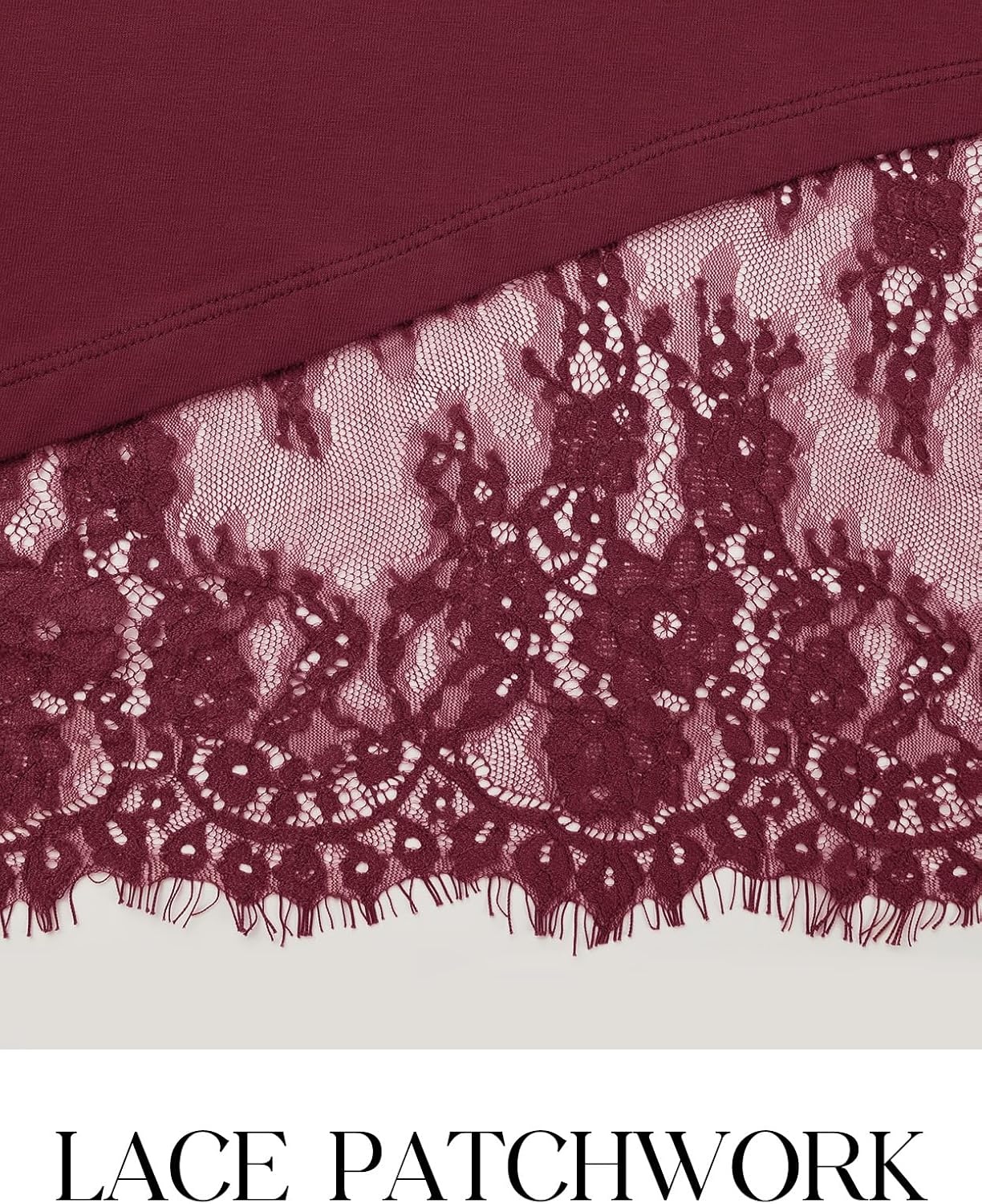 image:imageMEROKEETY Womens Long Sleeve Tops Fall 2026 Lace Patchwork Casual Shirts Elegant Asymmetrical Hem Classic Crew Neck Ribbed Trim Cotton Trendy Fashion Loose Fit Going Out Date Night BlouseBurgundy