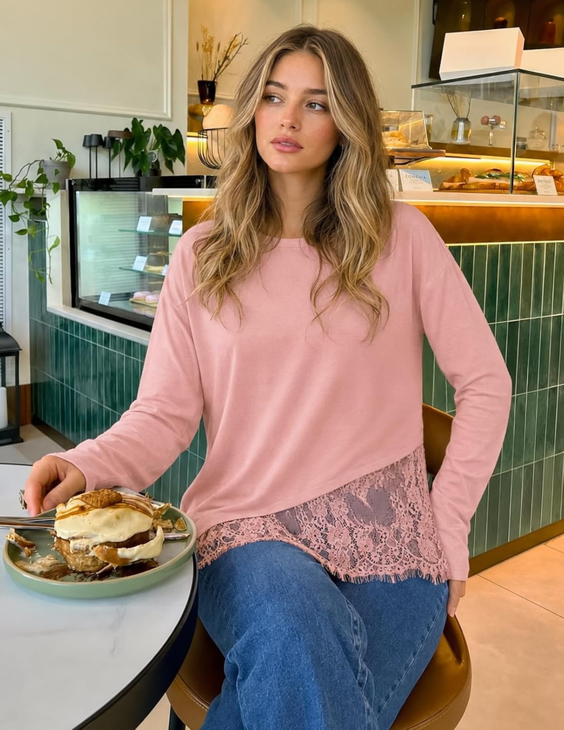 image:imageMEROKEETY Womens Long Sleeve Tops Fall 2026 Lace Patchwork Casual Shirts Elegant Asymmetrical Hem Classic Crew Neck Ribbed Trim Cotton Trendy Fashion Loose Fit Going Out Date Night BlousePink