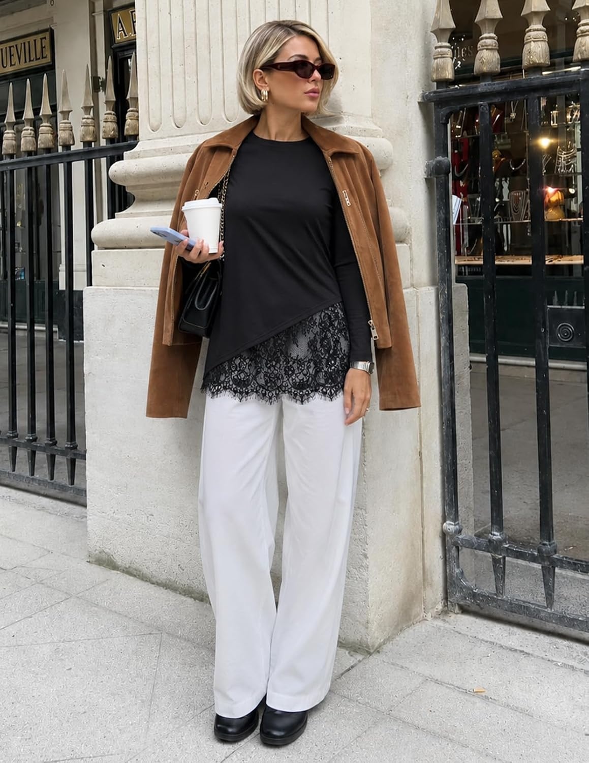 image:imageMEROKEETY Womens Long Sleeve Tops Fall 2026 Lace Patchwork Casual Shirts Elegant Asymmetrical Hem Classic Crew Neck Ribbed Trim Cotton Trendy Fashion Loose Fit Going Out Date Night BlouseBlack