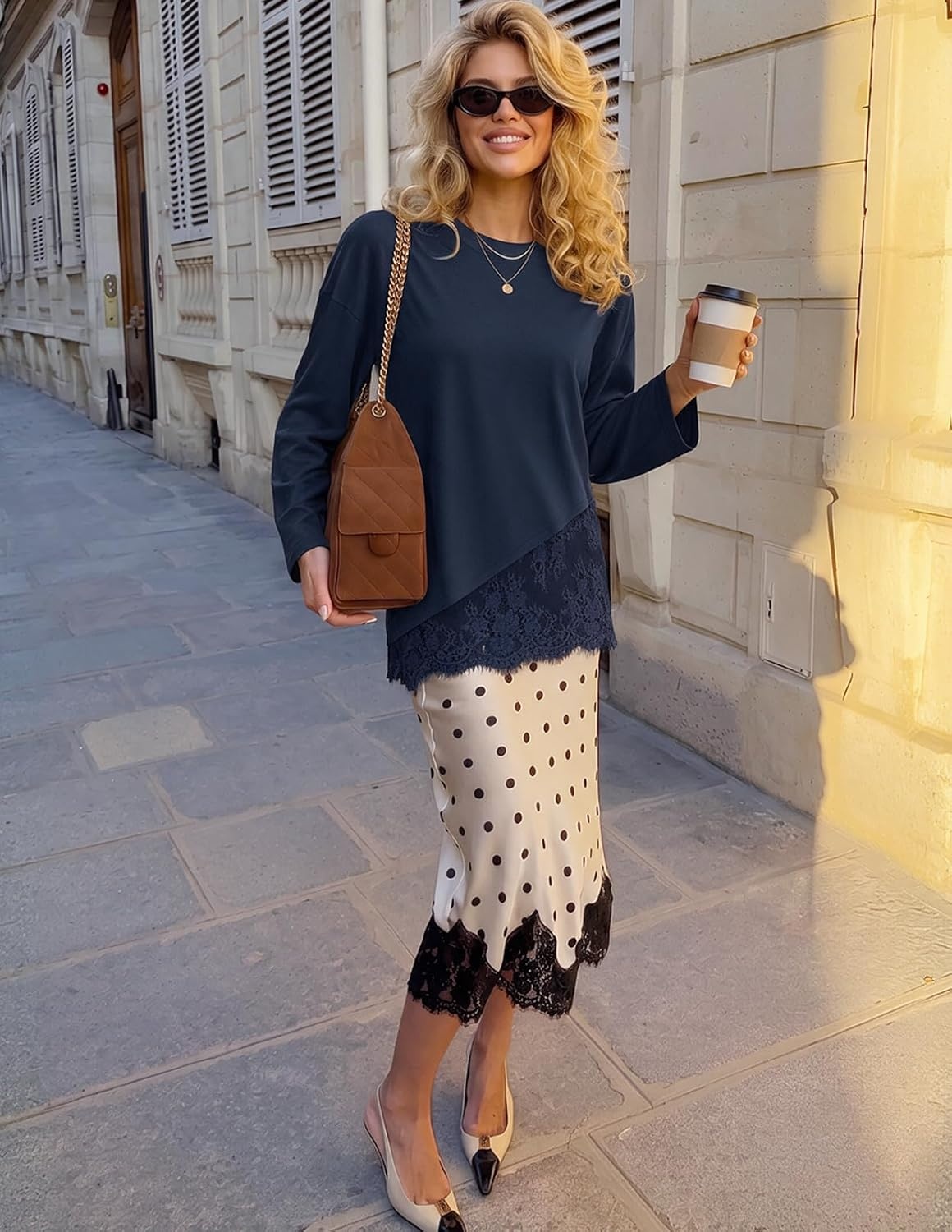 image:imageMEROKEETY Womens Long Sleeve Tops Fall 2026 Lace Patchwork Casual Shirts Elegant Asymmetrical Hem Classic Crew Neck Ribbed Trim Cotton Trendy Fashion Loose Fit Going Out Date Night BlouseNavy