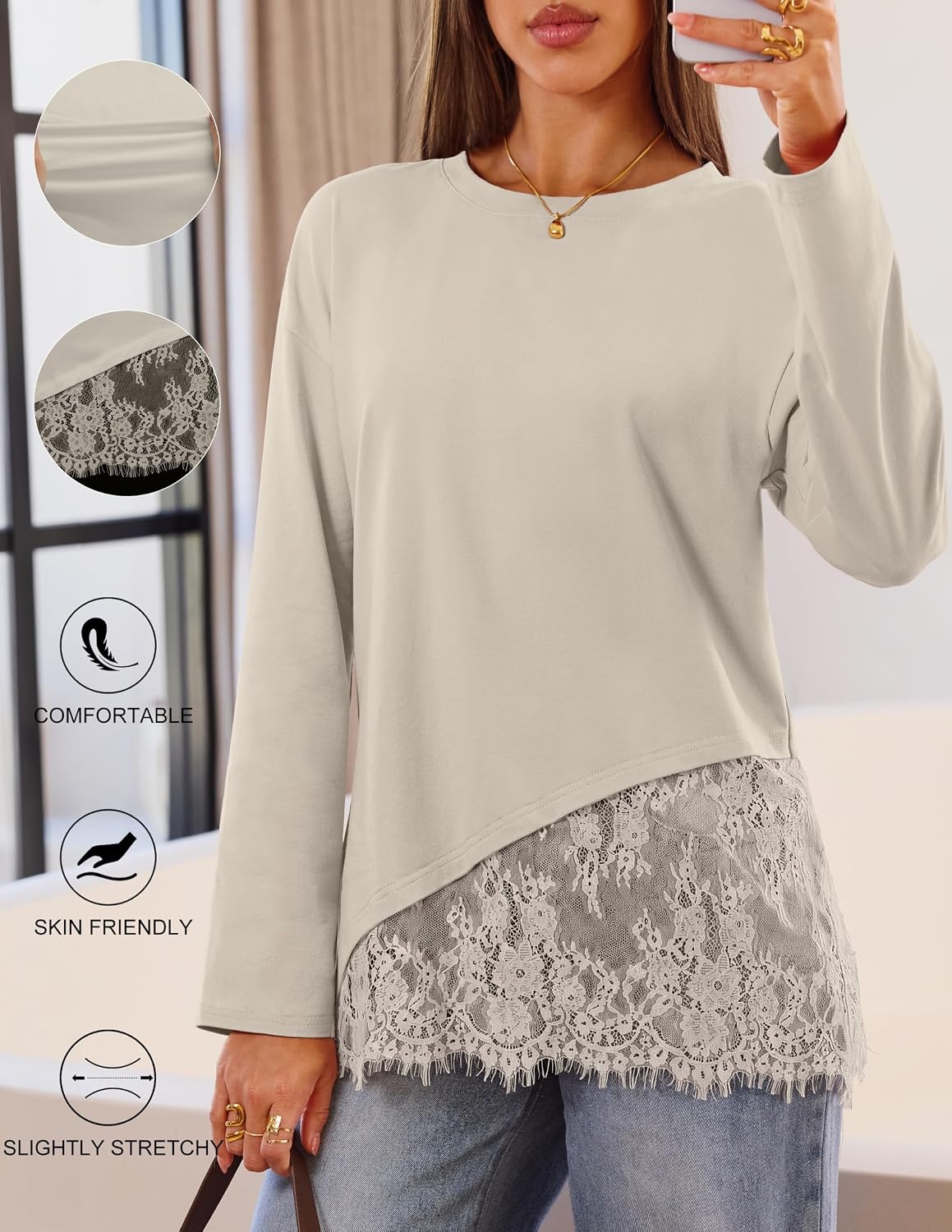 image:imageMEROKEETY Womens Long Sleeve Tops Fall 2026 Lace Patchwork Casual Shirts Elegant Asymmetrical Hem Classic Crew Neck Ribbed Trim Cotton Trendy Fashion Loose Fit Going Out Date Night BlouseSand