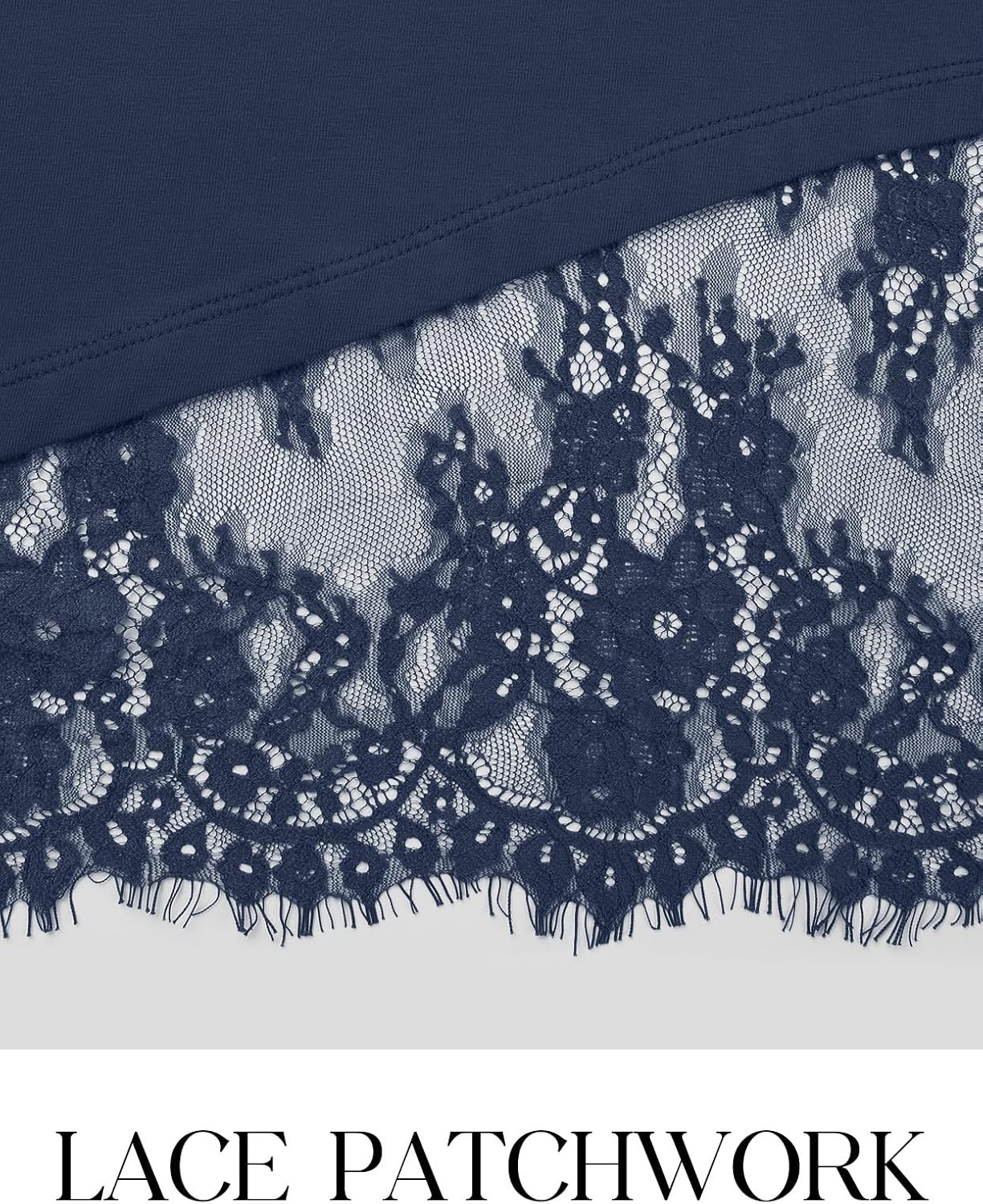 image:imageMEROKEETY Womens Long Sleeve Tops Fall 2026 Lace Patchwork Casual Shirts Elegant Asymmetrical Hem Classic Crew Neck Ribbed Trim Cotton Trendy Fashion Loose Fit Going Out Date Night BlouseNavy