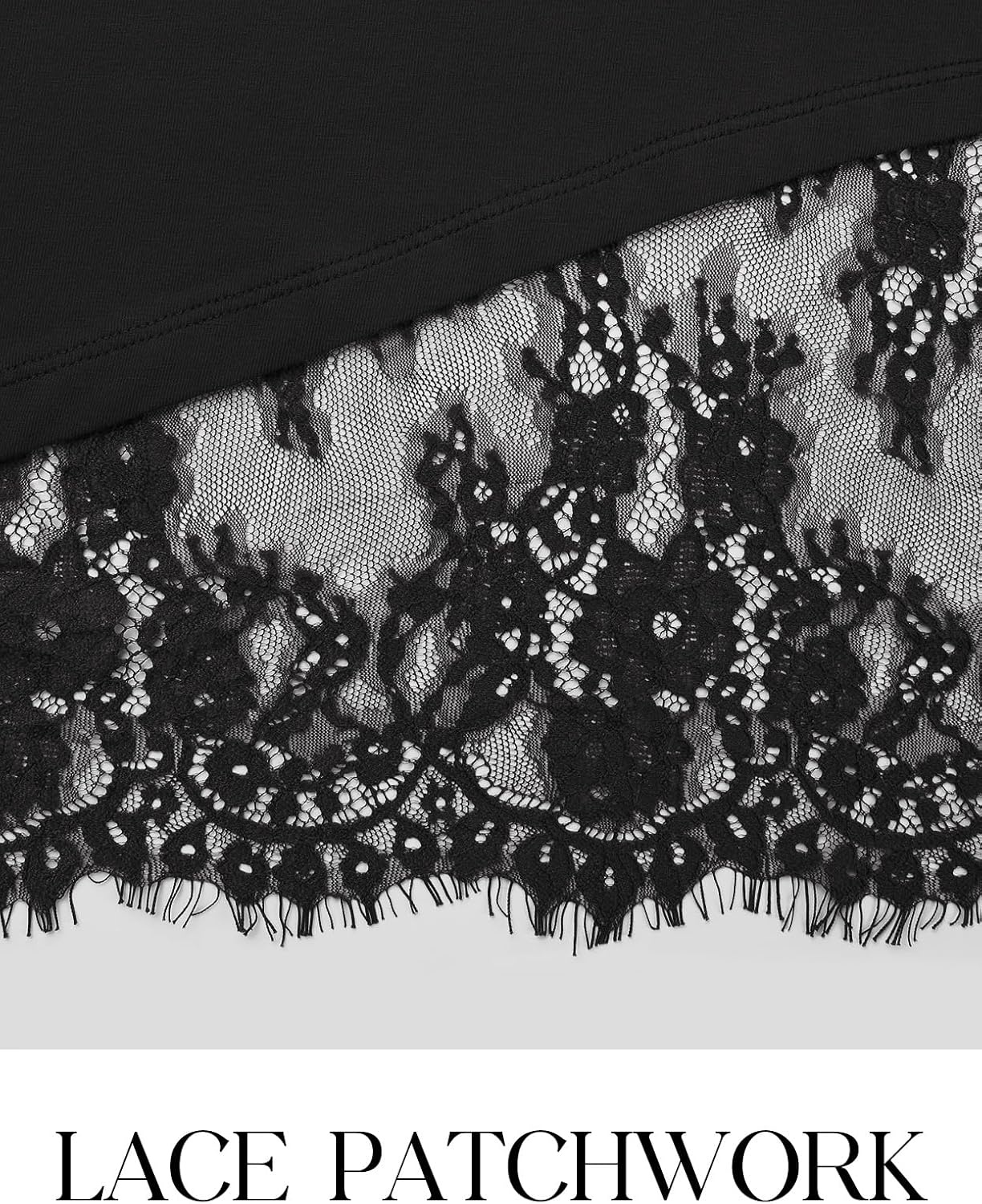 image:imageMEROKEETY Womens Long Sleeve Tops Fall 2026 Lace Patchwork Casual Shirts Elegant Asymmetrical Hem Classic Crew Neck Ribbed Trim Cotton Trendy Fashion Loose Fit Going Out Date Night BlouseBlack