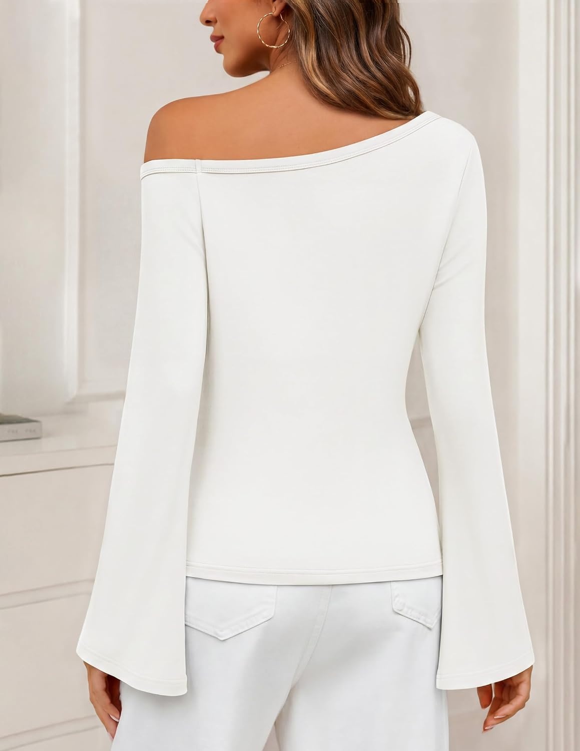 image:imageMEROKEETY Womens Off Shoulder Bell Long Sleeve Tops Fall Going Out Shirts 2026 One Shoulder Asymmetrical Top Metal Rivets Fitted TShirt Date Night Streetwear Trendy Outfits Y2k ClothesWhite