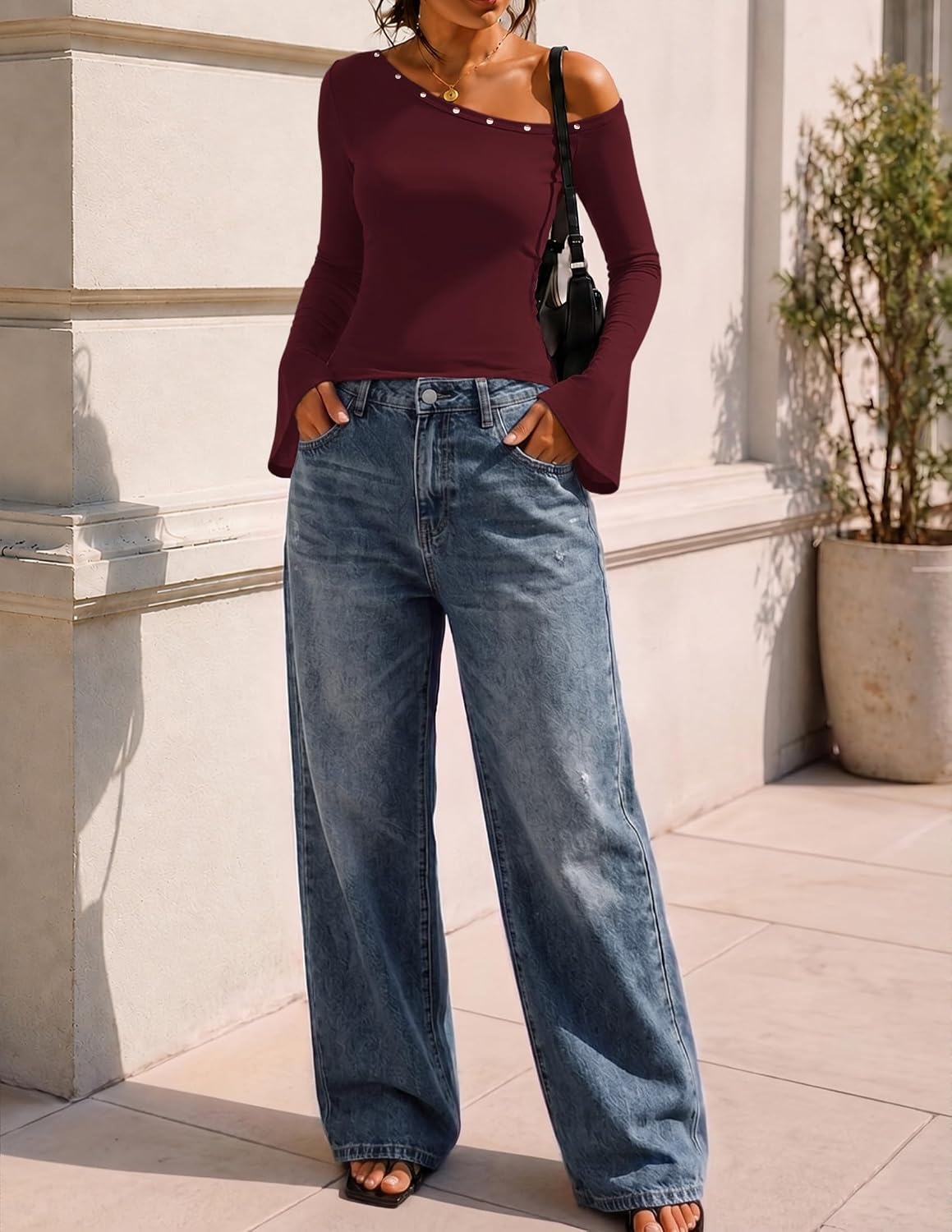 image:imageMEROKEETY Womens Off Shoulder Bell Long Sleeve Tops Fall Going Out Shirts 2026 One Shoulder Asymmetrical Top Metal Rivets Fitted TShirt Date Night Streetwear Trendy Outfits Y2k ClothesWine
