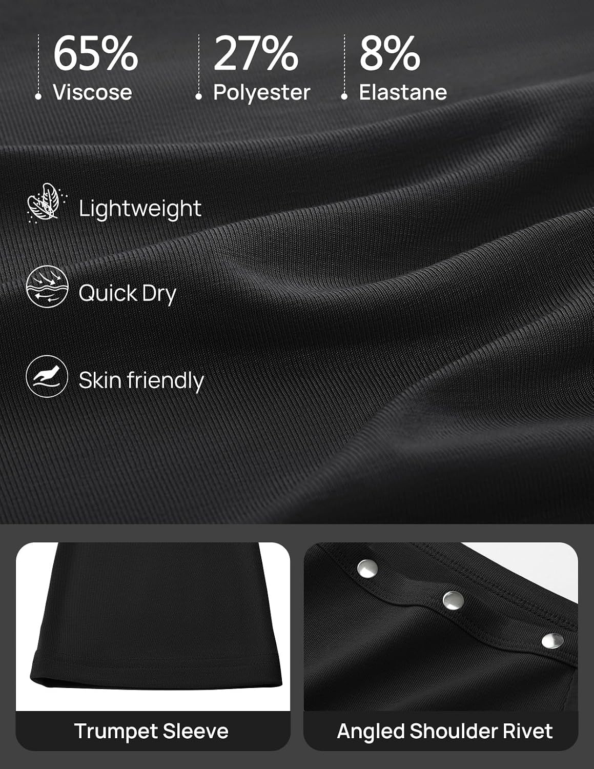 image:imageMEROKEETY Womens Off Shoulder Bell Long Sleeve Tops Fall Going Out Shirts 2026 One Shoulder Asymmetrical Top Metal Rivets Fitted TShirt Date Night Streetwear Trendy Outfits Y2k ClothesBlack
