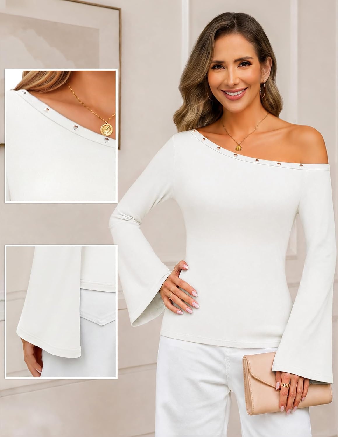 image:imageMEROKEETY Womens Off Shoulder Bell Long Sleeve Tops Fall Going Out Shirts 2026 One Shoulder Asymmetrical Top Metal Rivets Fitted TShirt Date Night Streetwear Trendy Outfits Y2k ClothesWhite