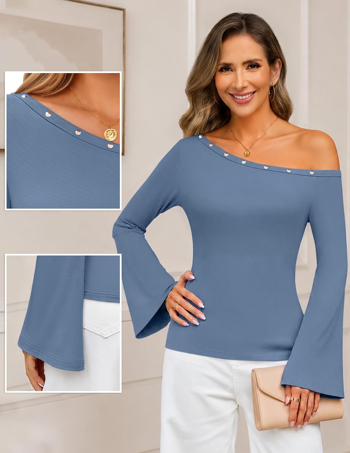 image:imageMEROKEETY Womens Off Shoulder Bell Long Sleeve Tops Fall Going Out Shirts 2026 One Shoulder Asymmetrical Top Metal Rivets Fitted TShirt Date Night Streetwear Trendy Outfits Y2k ClothesDustyblue