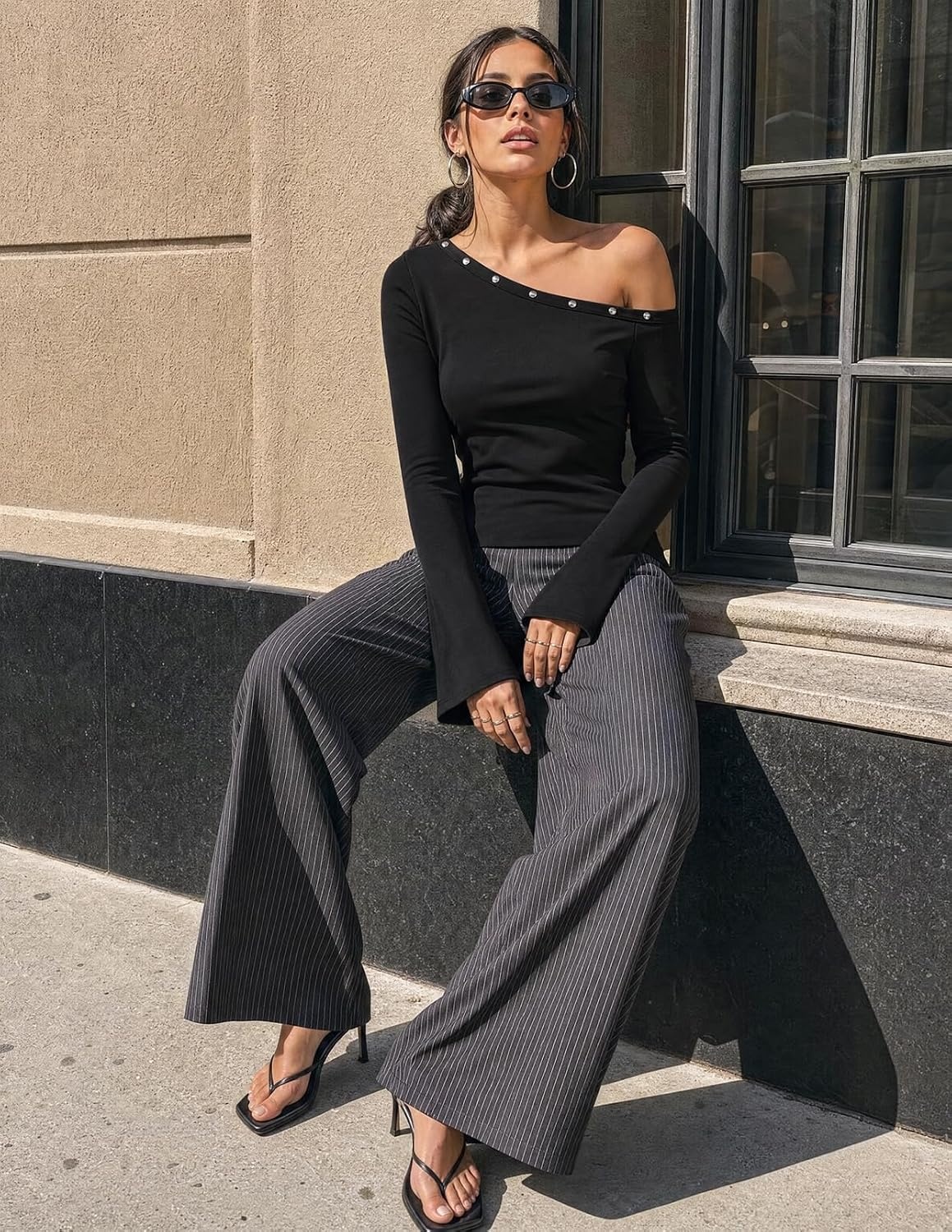 image:imageMEROKEETY Womens Off Shoulder Bell Long Sleeve Tops Fall Going Out Shirts 2026 One Shoulder Asymmetrical Top Metal Rivets Fitted TShirt Date Night Streetwear Trendy Outfits Y2k ClothesBlack