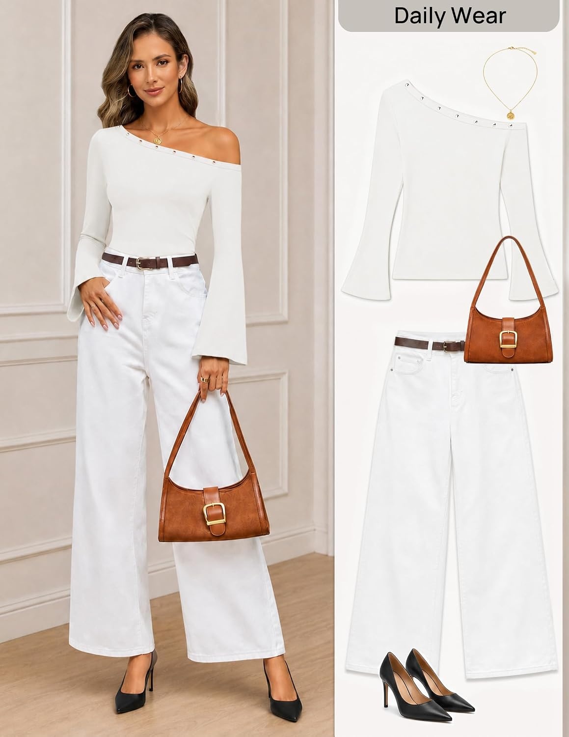 image:imageMEROKEETY Womens Off Shoulder Bell Long Sleeve Tops Fall Going Out Shirts 2026 One Shoulder Asymmetrical Top Metal Rivets Fitted TShirt Date Night Streetwear Trendy Outfits Y2k ClothesWhite