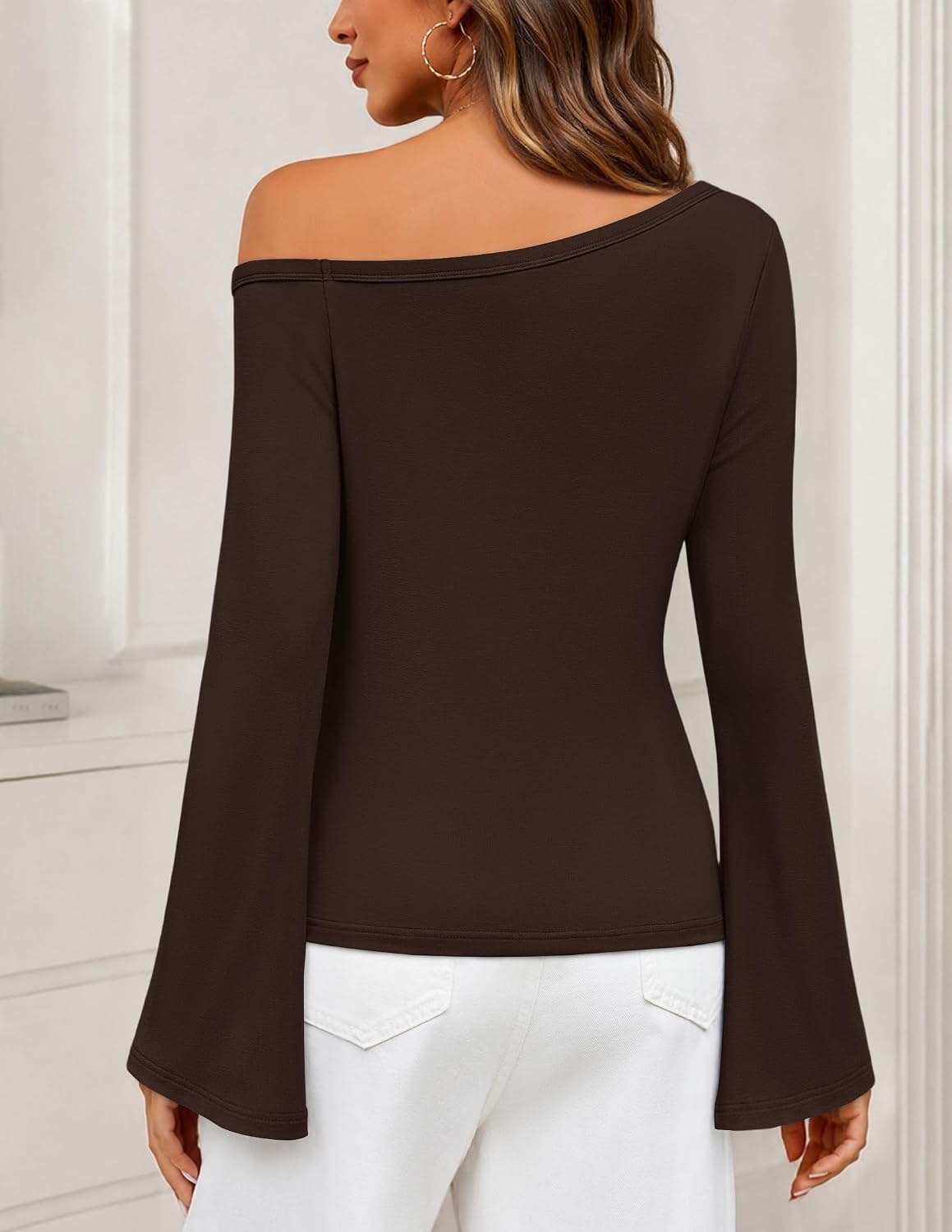 image:imageMEROKEETY Womens Off Shoulder Bell Long Sleeve Tops Fall Going Out Shirts 2026 One Shoulder Asymmetrical Top Metal Rivets Fitted TShirt Date Night Streetwear Trendy Outfits Y2k ClothesCoffee