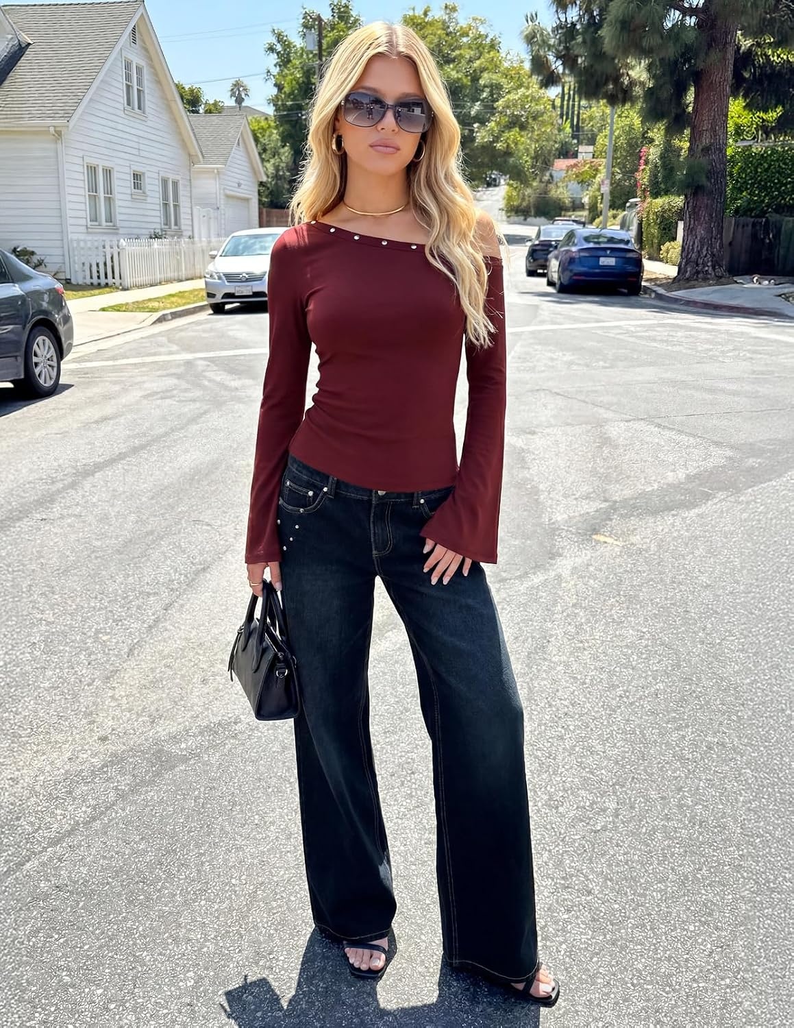 image:imageMEROKEETY Womens Off Shoulder Bell Long Sleeve Tops Fall Going Out Shirts 2026 One Shoulder Asymmetrical Top Metal Rivets Fitted TShirt Date Night Streetwear Trendy Outfits Y2k ClothesWine