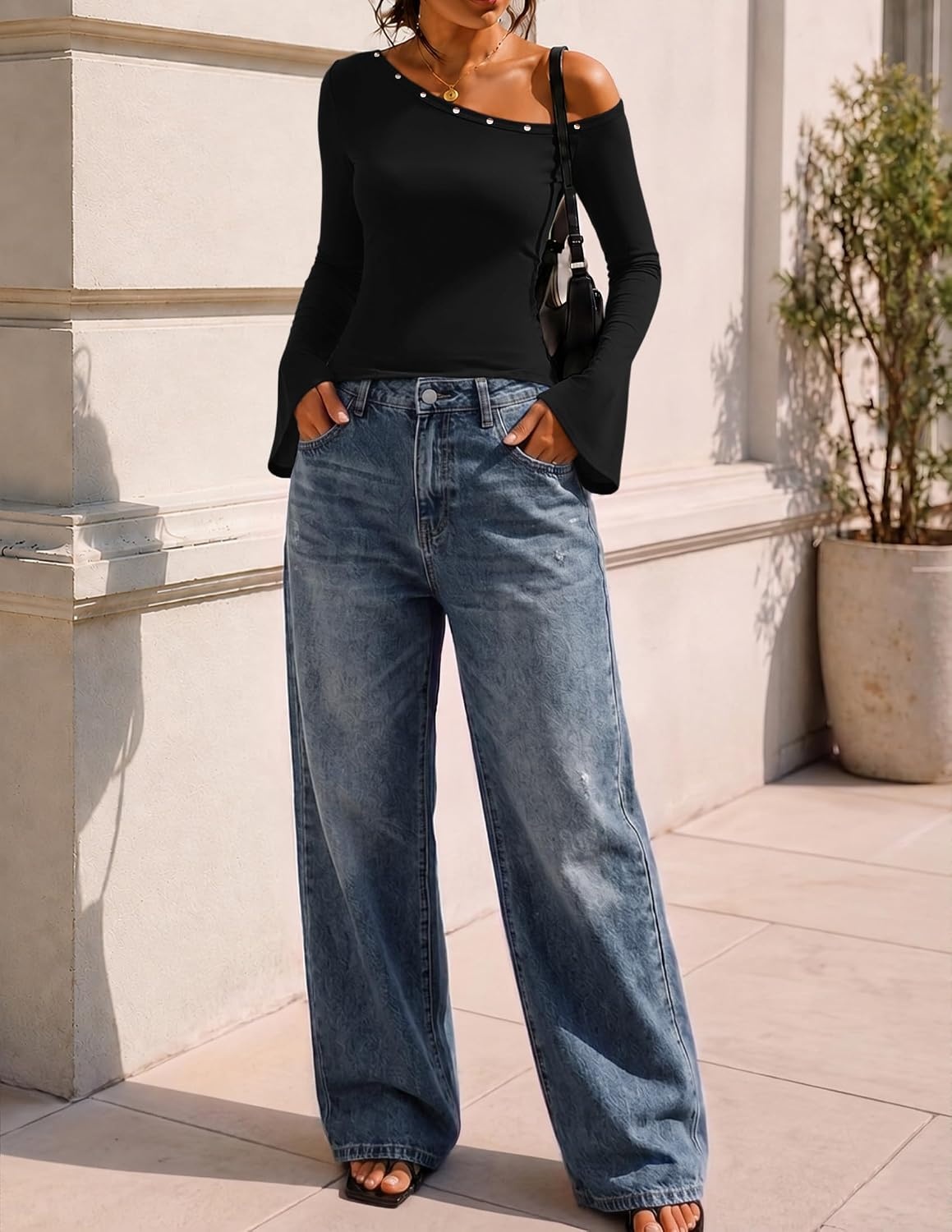 image:imageMEROKEETY Womens Off Shoulder Bell Long Sleeve Tops Fall Going Out Shirts 2026 One Shoulder Asymmetrical Top Metal Rivets Fitted TShirt Date Night Streetwear Trendy Outfits Y2k ClothesBlack