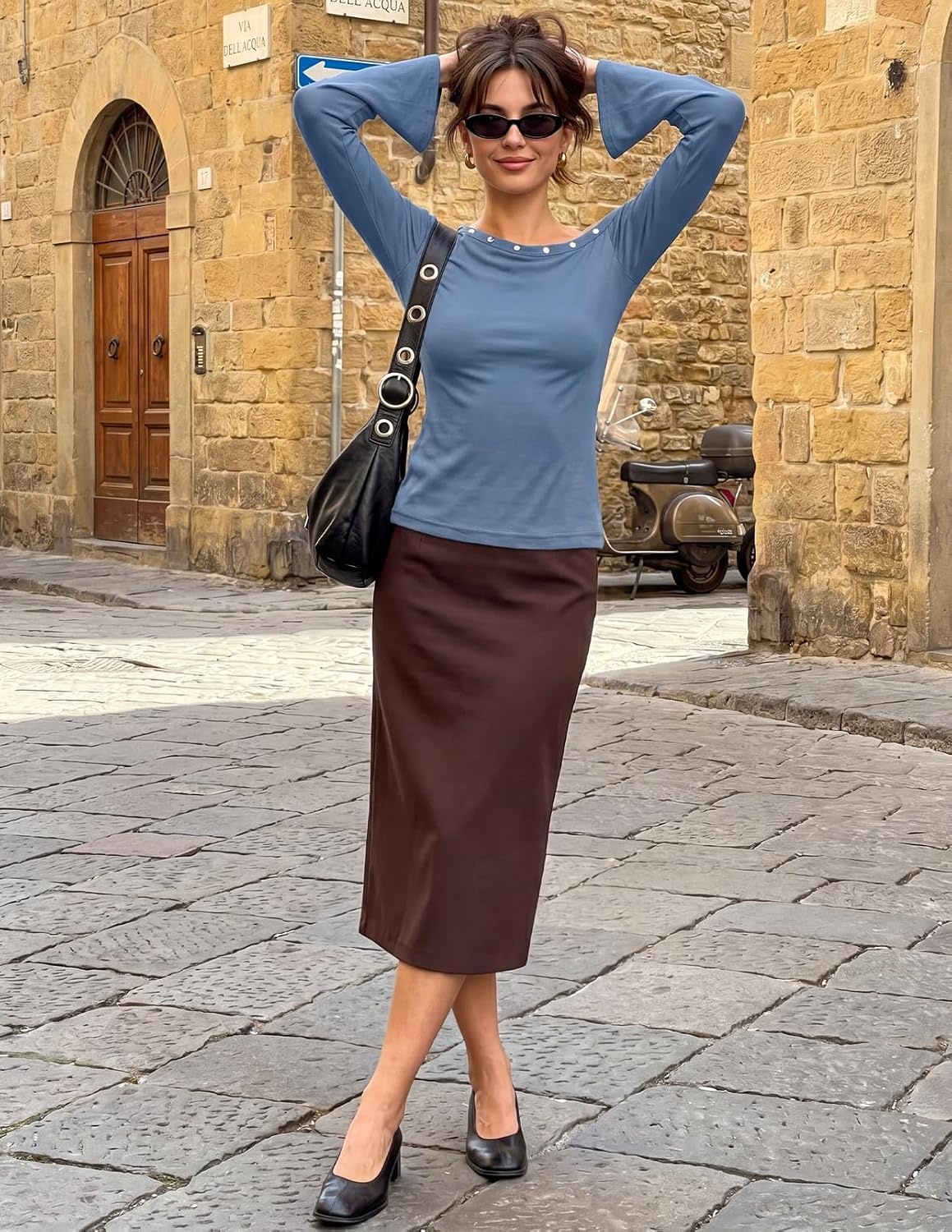 image:imageMEROKEETY Womens Off Shoulder Bell Long Sleeve Tops Fall Going Out Shirts 2026 One Shoulder Asymmetrical Top Metal Rivets Fitted TShirt Date Night Streetwear Trendy Outfits Y2k ClothesDustyblue