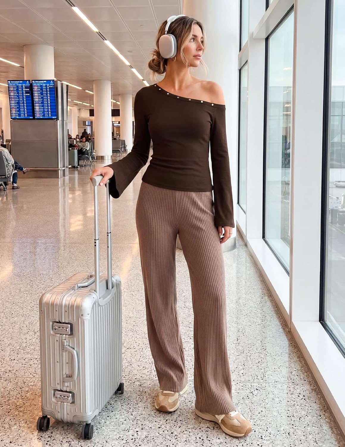 image:imageMEROKEETY Womens Off Shoulder Bell Long Sleeve Tops Fall Going Out Shirts 2026 One Shoulder Asymmetrical Top Metal Rivets Fitted TShirt Date Night Streetwear Trendy Outfits Y2k ClothesCoffee