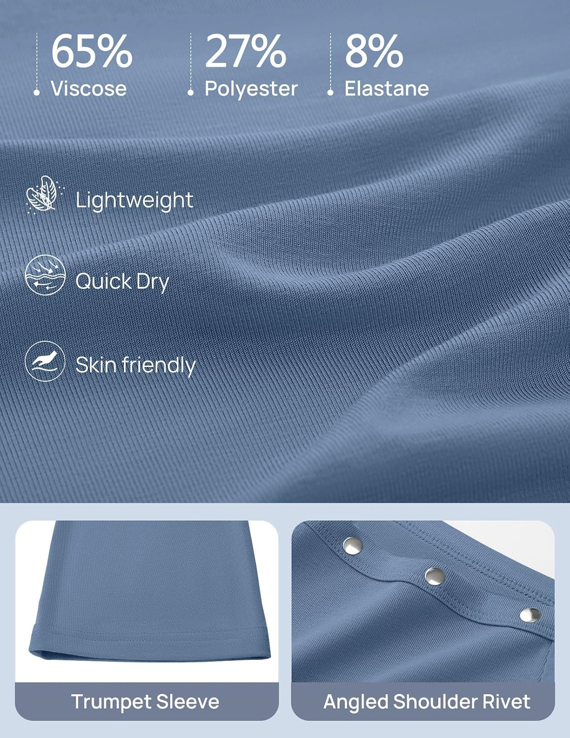 image:imageMEROKEETY Womens Off Shoulder Bell Long Sleeve Tops Fall Going Out Shirts 2026 One Shoulder Asymmetrical Top Metal Rivets Fitted TShirt Date Night Streetwear Trendy Outfits Y2k ClothesDustyblue