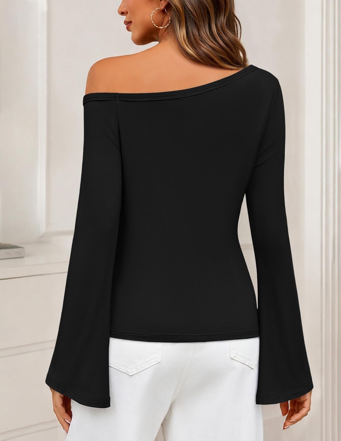 image:imageMEROKEETY Womens Off Shoulder Bell Long Sleeve Tops Fall Going Out Shirts 2026 One Shoulder Asymmetrical Top Metal Rivets Fitted TShirt Date Night Streetwear Trendy Outfits Y2k ClothesBlack