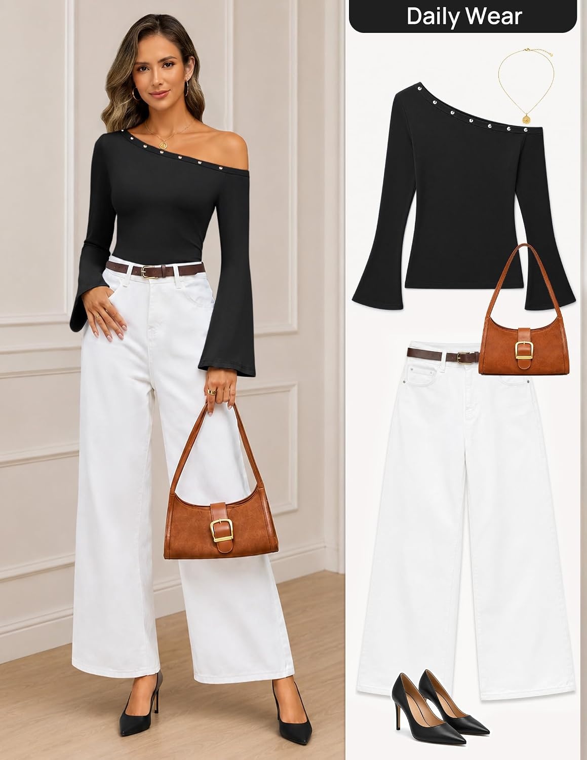 image:imageMEROKEETY Womens Off Shoulder Bell Long Sleeve Tops Fall Going Out Shirts 2026 One Shoulder Asymmetrical Top Metal Rivets Fitted TShirt Date Night Streetwear Trendy Outfits Y2k ClothesBlack