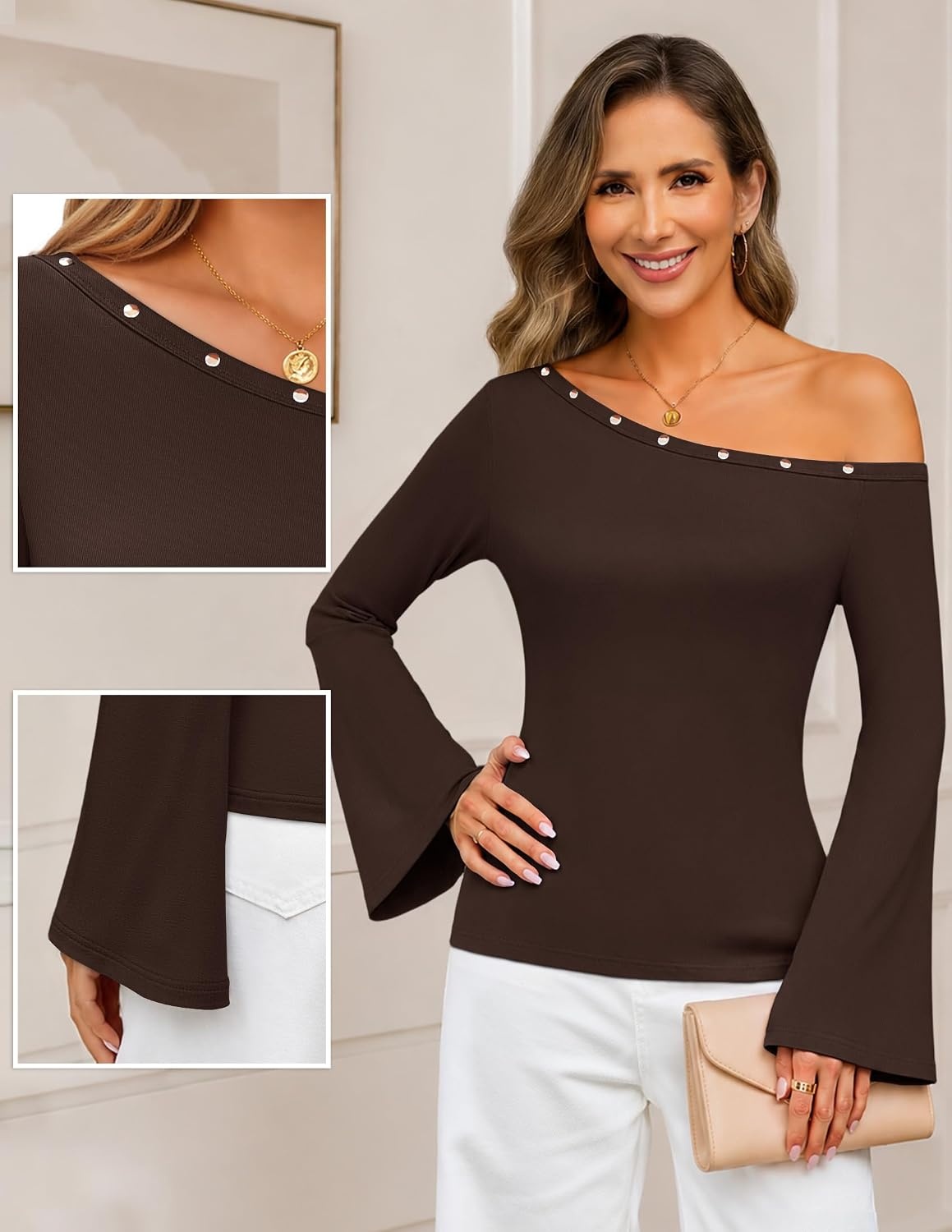 image:imageMEROKEETY Womens Off Shoulder Bell Long Sleeve Tops Fall Going Out Shirts 2026 One Shoulder Asymmetrical Top Metal Rivets Fitted TShirt Date Night Streetwear Trendy Outfits Y2k ClothesCoffee