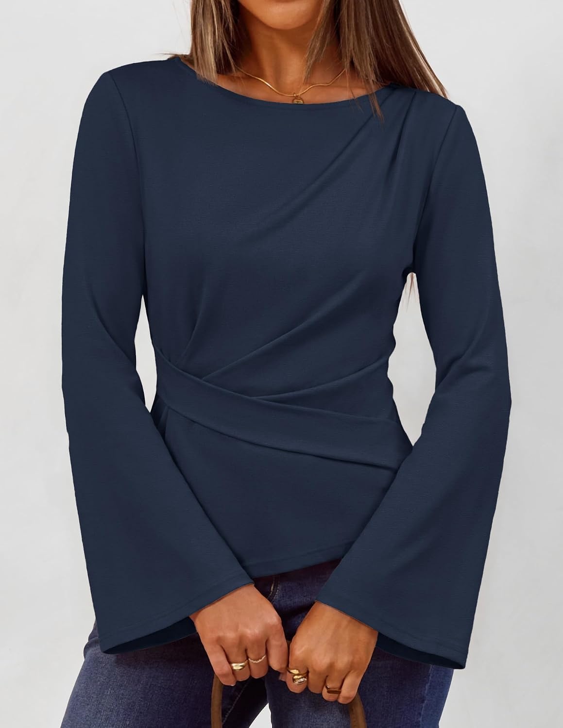 image:imageMEROKEETY Womens Peplum Tops Long Sleeve Fall Dressy Business Casual Blouse Elegant Trendy Shirts Work Office Outfit Ruched Waist Crew Neckline Slim Fit Flared Sleeves 2026 Fall Fashion ClothesNavy