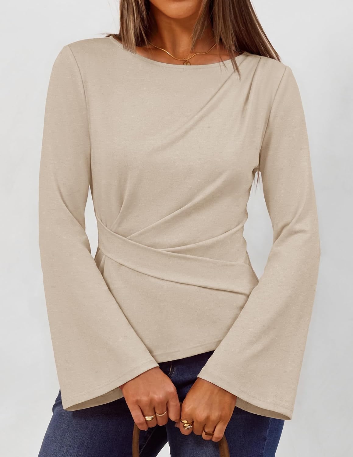 image:imageMEROKEETY Womens Peplum Tops Long Sleeve Fall Dressy Business Casual Blouse Elegant Trendy Shirts Work Office Outfit Ruched Waist Crew Neckline Slim Fit Flared Sleeves 2026 Fall Fashion ClothesApricot