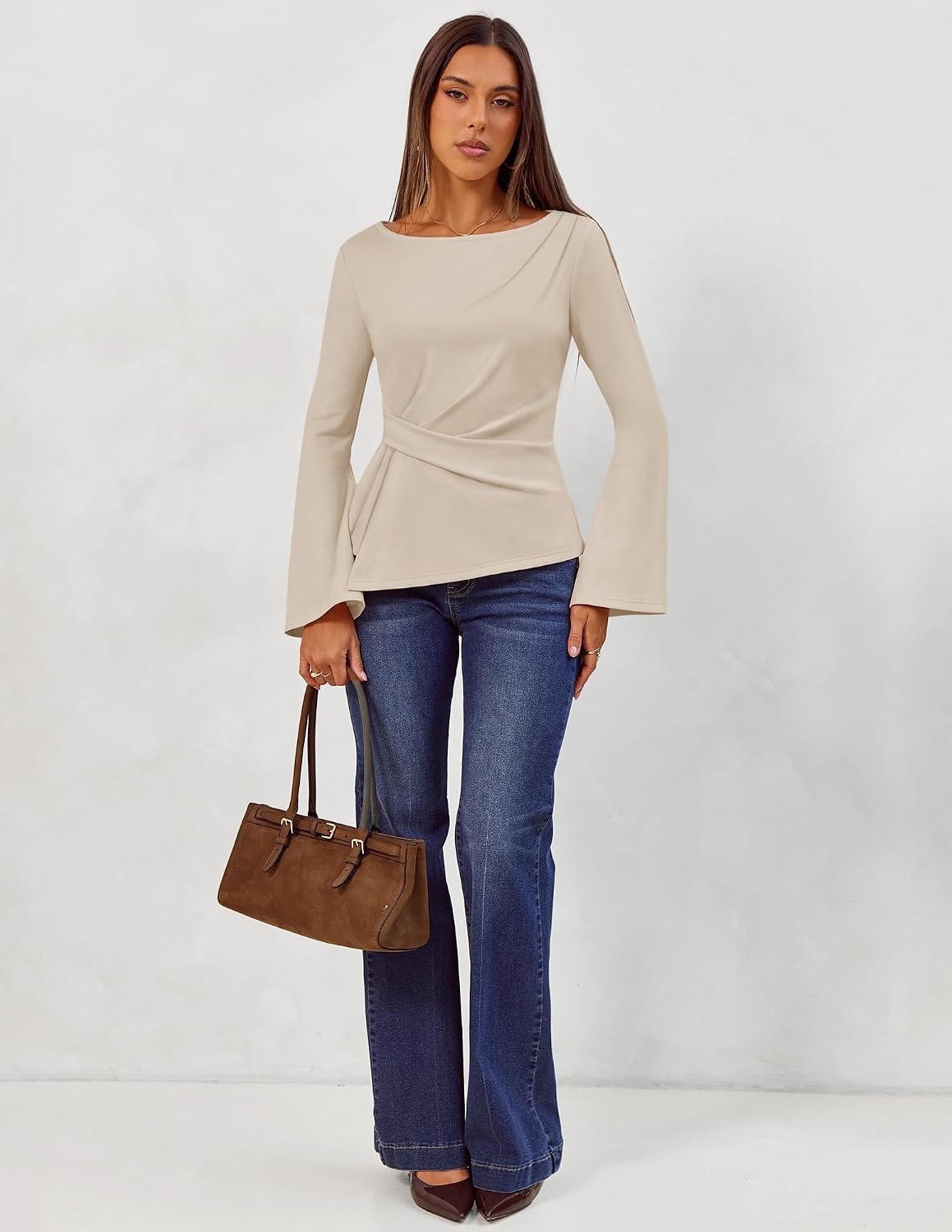 image:imageMEROKEETY Womens Peplum Tops Long Sleeve Fall Dressy Business Casual Blouse Elegant Trendy Shirts Work Office Outfit Ruched Waist Crew Neckline Slim Fit Flared Sleeves 2026 Fall Fashion ClothesApricot