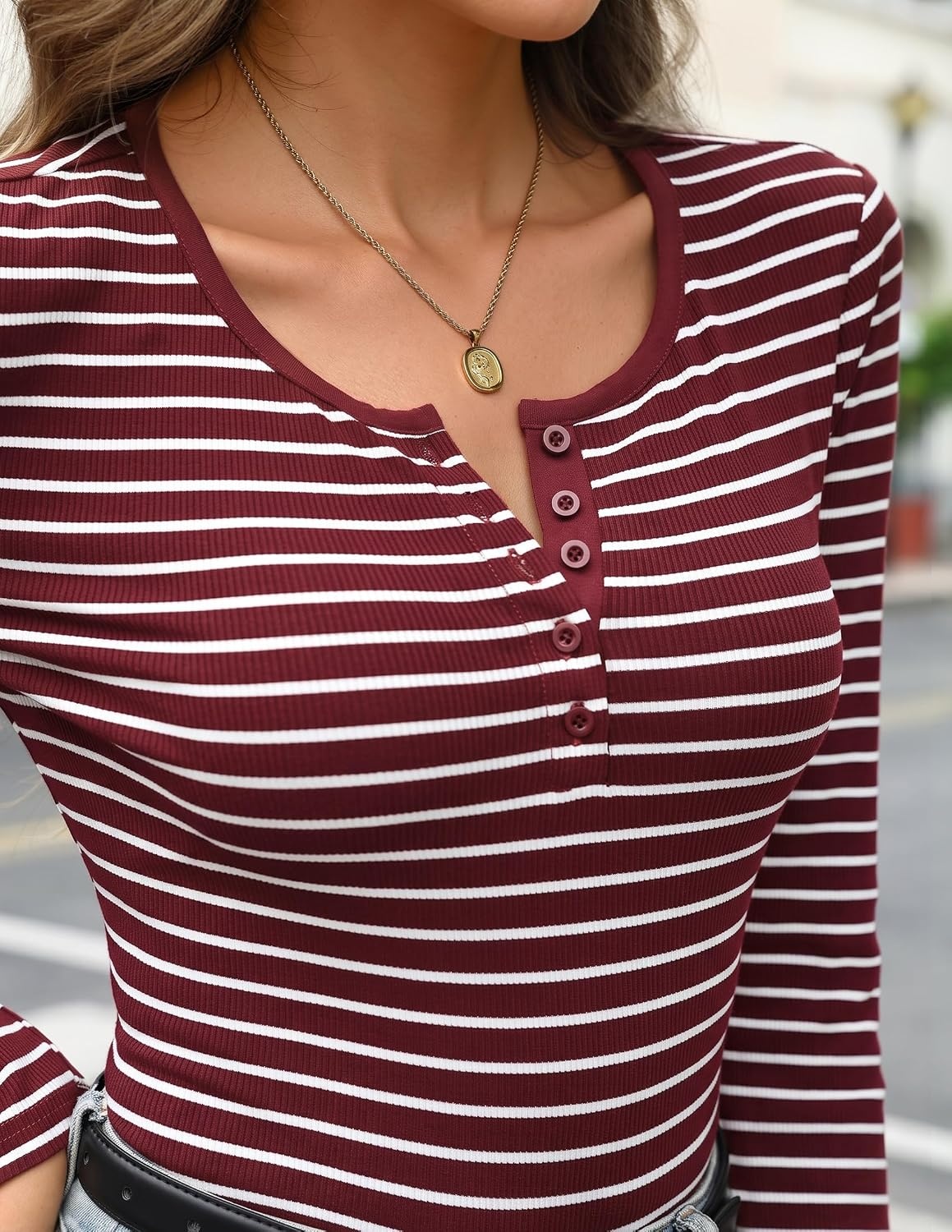 image:imageMEROKEETY Womens Striped Long Sleeve Shirts Fall Trendy Henley Tops Ribbed Knit Slim Fit Lightweight Color Block Work TShirts Cozy Going Out Top Business Casual Outfits Basic Tees 2026Stripered