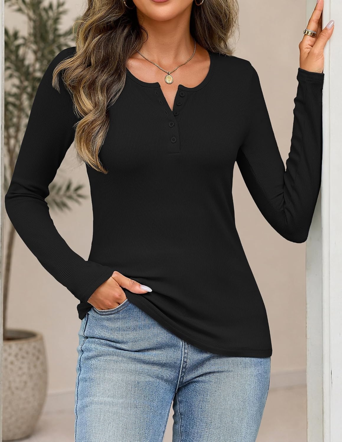image:imageMEROKEETY Womens Striped Long Sleeve Shirts Fall Trendy Henley Tops Ribbed Knit Slim Fit Lightweight Color Block Work TShirts Cozy Going Out Top Business Casual Outfits Basic Tees 2026Black