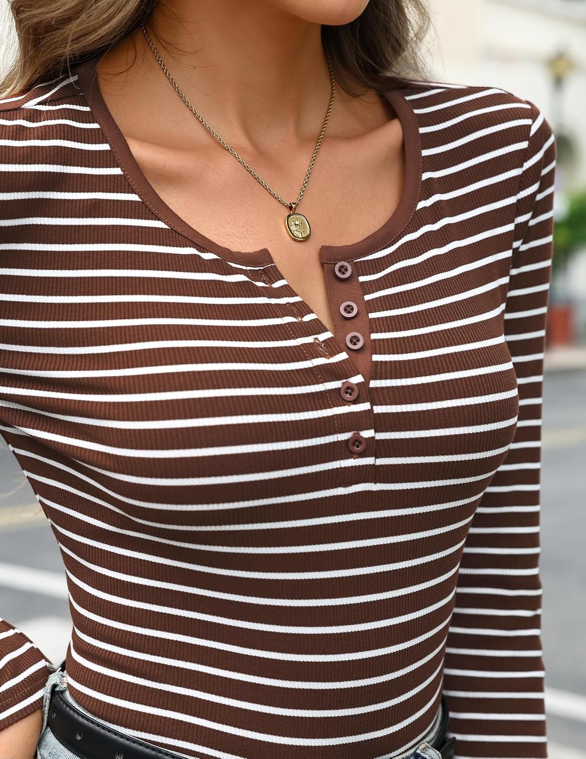 image:imageMEROKEETY Womens Striped Long Sleeve Shirts Fall Trendy Henley Tops Ribbed Knit Slim Fit Lightweight Color Block Work TShirts Cozy Going Out Top Business Casual Outfits Basic Tees 2026Stripebrown