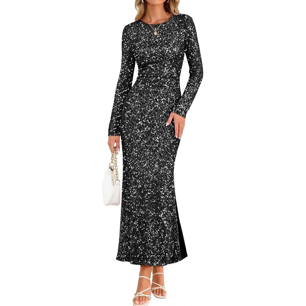 image:imageMEROKEETY Formal Fall Long Sleeve Sequin Bodycon Maxi Dress Women 2026 Gown  Sparkly Fancy Jacquard Mesh Lined Side Slit Lacelike Cocktail Party Dinner Evening Holiday Wedding Guest Long DressBlack