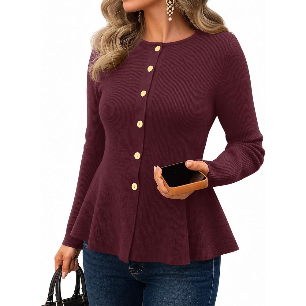 image:imageMEROKEETY Long Sleeve Fitted Waist Cardigan Sweaters for Women 2026 Fall Crew Neck Button Down Open Front Flattering Peplum Hem Business Casual Cardigan Soft Sweater Winter Trendy OutfitsWine