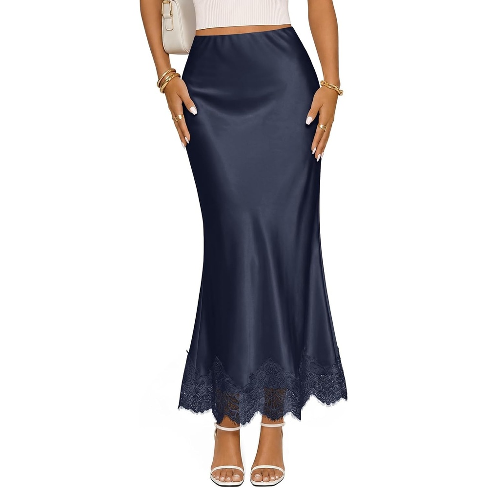 image:imageMEROKEETY Womens 2026 Fashion Satin Lace Trim Business Casual Maxi Skirts  Silk Skirt Mermaid Fishtail Elastic High Waist Flowy Long Skirt Elegant Classy Dressy Casual Fall Trendy OutfitsNavy