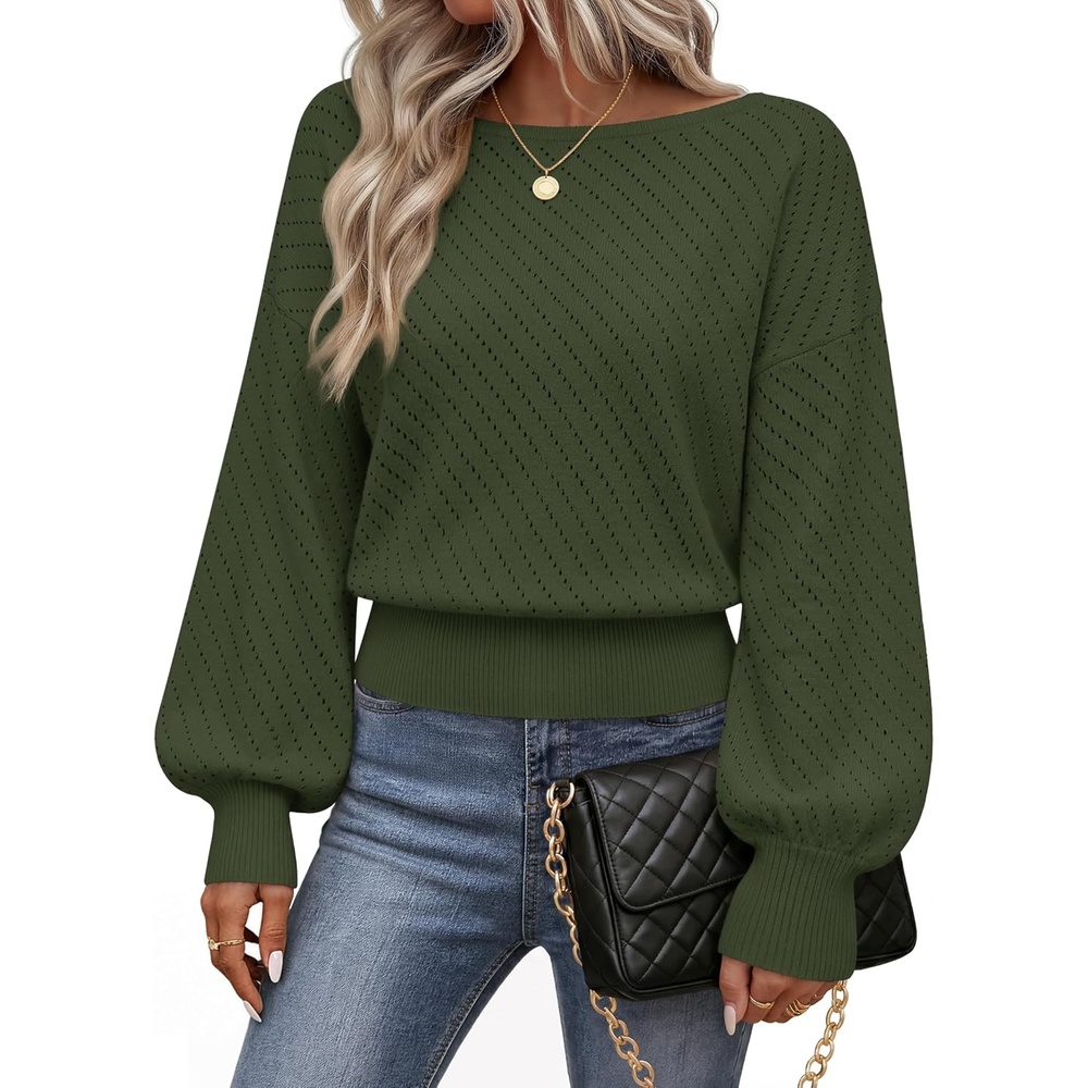 image:imageMEROKEETY Womens Boat Neck Long Lantern Sleeve Sweaters 2026 Dressy Casual Hollow Out Knitted Cozy Loose Ribbed Hem Pullover Trendy Drop Shoulder Jumper Top Fall Fashion Layering Winter ClothingDark Green