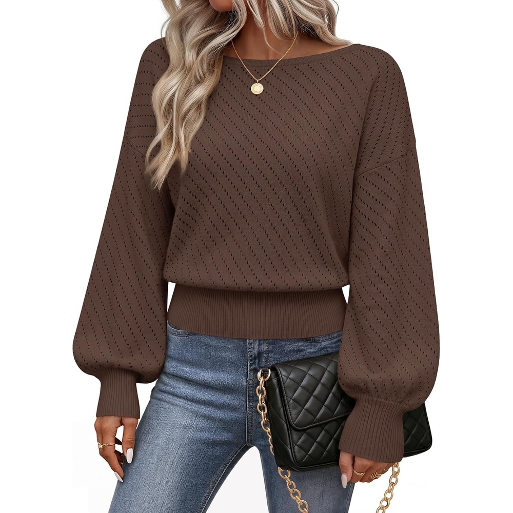 image:imageMEROKEETY Womens Boat Neck Long Lantern Sleeve Sweaters 2026 Dressy Casual Hollow Out Knitted Cozy Loose Ribbed Hem Pullover Trendy Drop Shoulder Jumper Top Fall Fashion Layering Winter ClothingCoffee