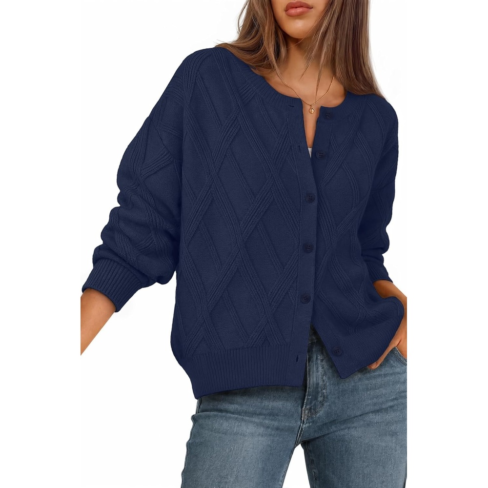 image:imageMEROKEETY Womens Cable Knit Cardigan Sweaters Trendy Fall Sweater 2026 Long Lantern Sleeve Button Up Cardigans Ribbed Hem Dropped Shoulder Stretchy Knit Cute Open Front Coats Winter ClothesNavy