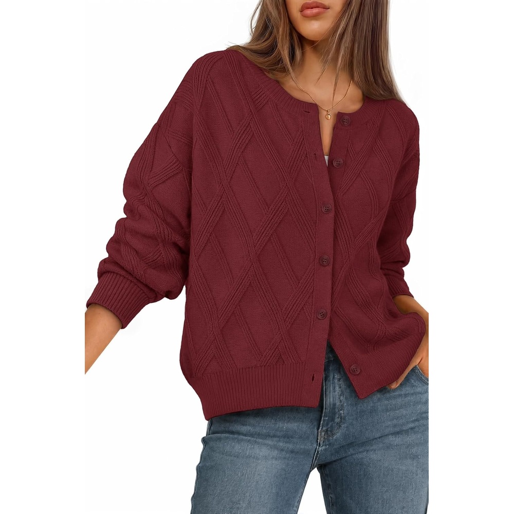 image:imageMEROKEETY Womens Cable Knit Cardigan Sweaters Trendy Fall Sweater 2026 Long Lantern Sleeve Button Up Cardigans Ribbed Hem Dropped Shoulder Stretchy Knit Cute Open Front Coats Winter ClothesWinered
