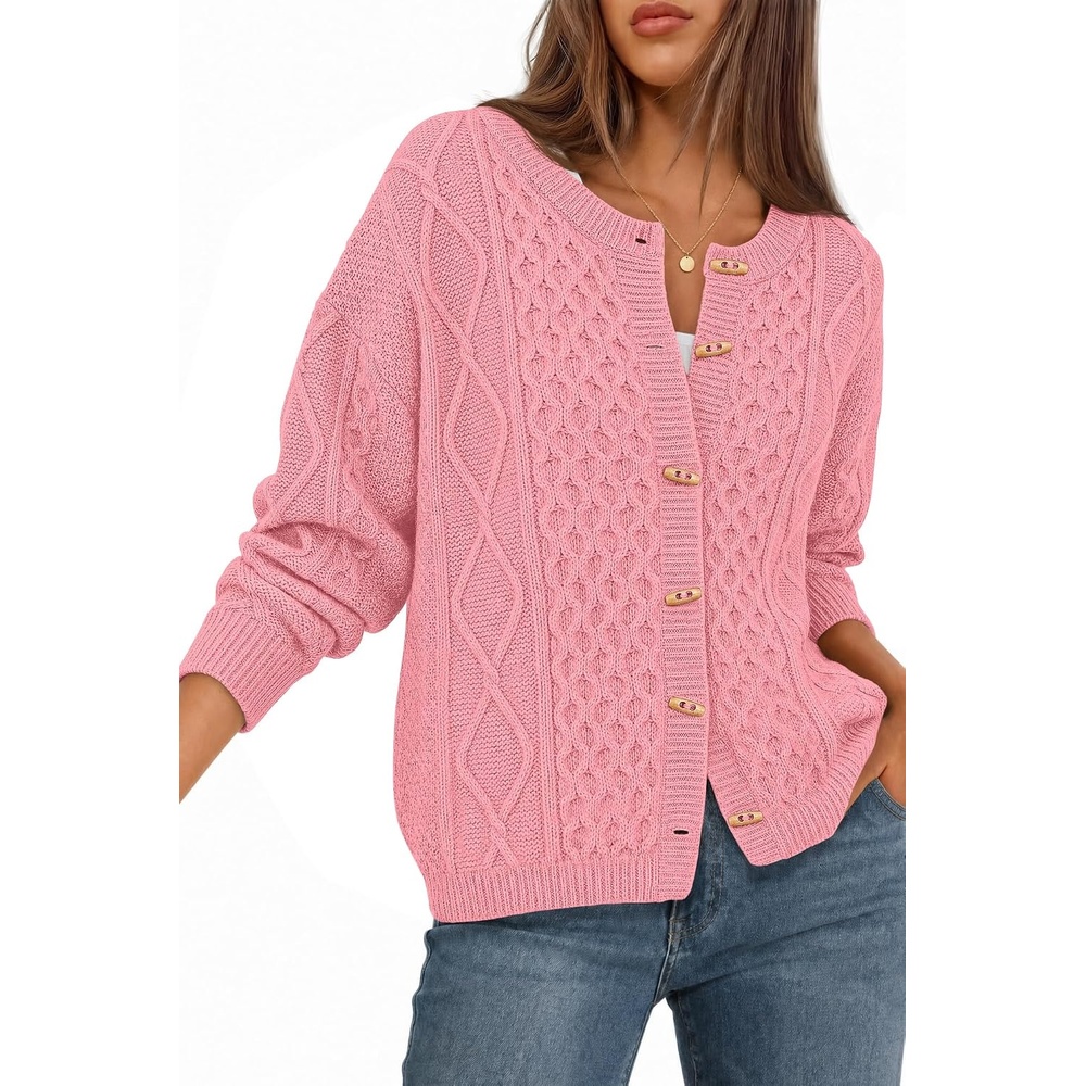 image:imageMEROKEETY Womens Chunky Button Up Cable Knit Trendy Cardigan Sweaters  Cozy Vintage Knit Horn Buttons Open Front Cardigan 2026 Fall Fashion Sweaters Loose Fit Trendy Outfits Winter OuterwearPink