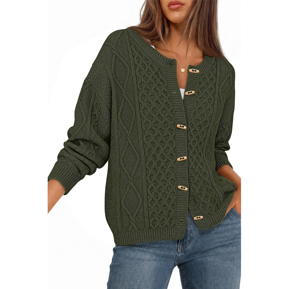 image:imageMEROKEETY Womens Chunky Button Up Cable Knit Trendy Cardigan Sweaters Cozy Vintage Knit Horn Buttons Open Front Cardigan 2026 Fall Fashion Sweaters Loose Fit Trendy Outfits Winter OuterwearArmy