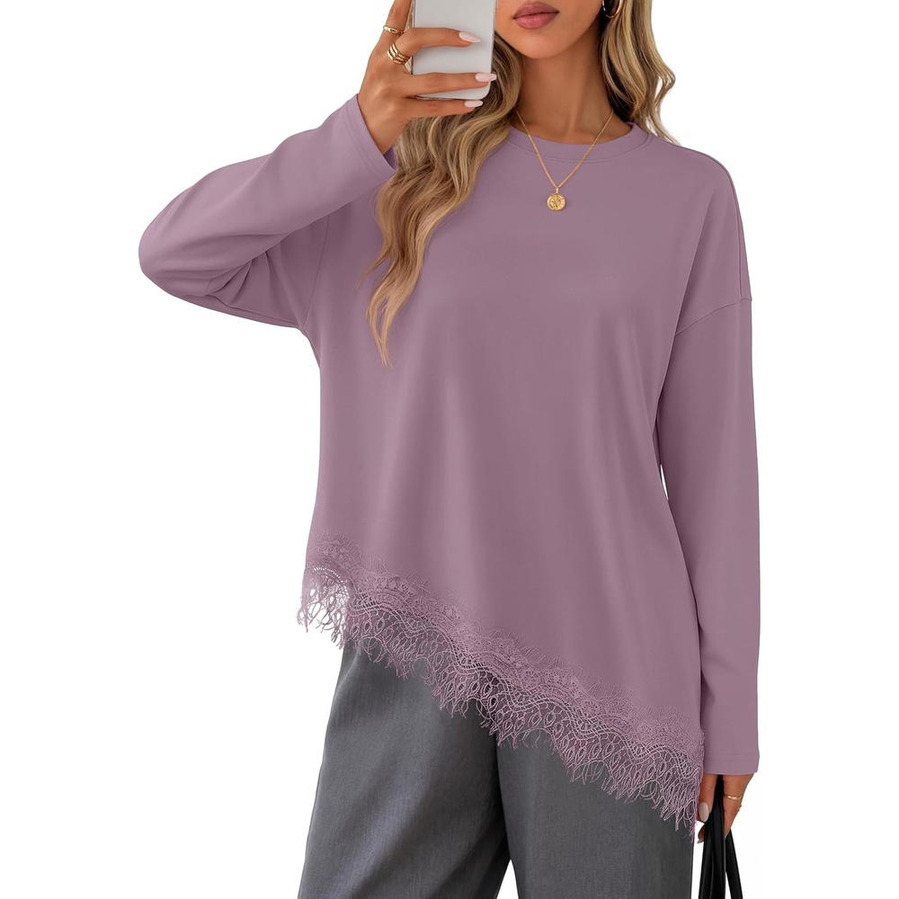 image:imageMEROKEETY Womens Fall Asymmetric Lace Long Sleeve Top 2026 Crew Neck Drop Shoulder Loose Fit Cotton Blend Soft Stretchy Going Out Clothes Dressy Casual Blouse Trendy T ShirtsGreypurple