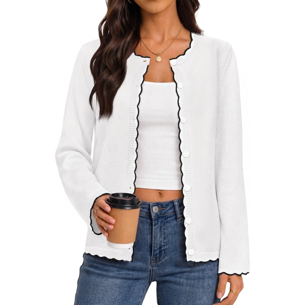 image:imageMEROKEETY Womens Fall Button Down Cute Cardigan Sweater Trendy 2026 Long Sleeve Open Front Coat Scalloped Ribbed Trim Cozy Knit Contrast Color Crewneck Regular Fit Casual OutfitsWhite