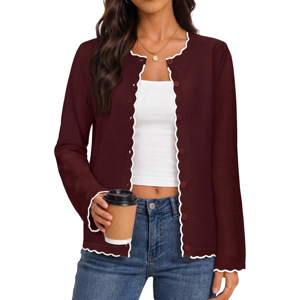 image:imageMEROKEETY Womens Fall Button Down Cute Cardigan Sweater Trendy 2026 Long Sleeve Open Front Coat Scalloped Ribbed Trim Cozy Knit Contrast Color Crewneck Regular Fit Casual OutfitsWine
