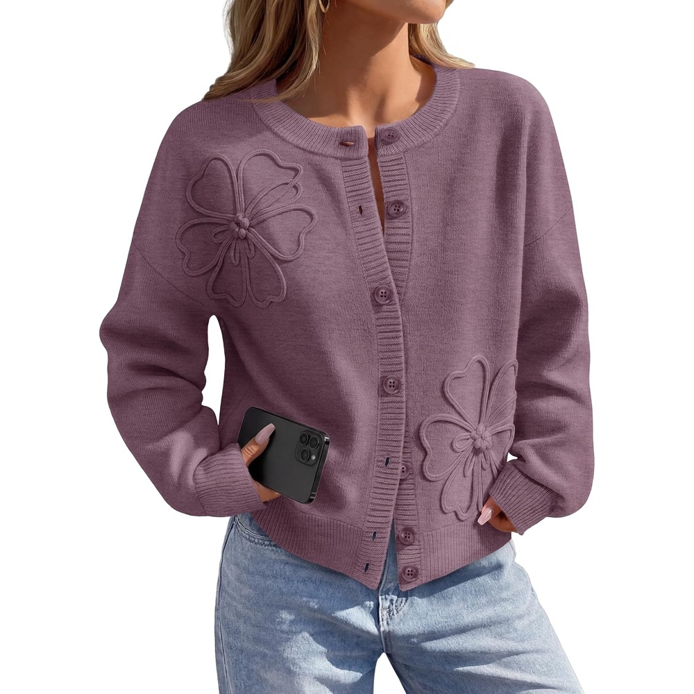 image:imageMEROKEETY Womens Fall Floral Button Up Lightweight Cardigan Sweater Trendy Long Sleeve 3D Flowers Ribbed Knit Details Soft Fabric Loose Fit Outfits Warm Cozy Sweaters 2026 Winter ClothesPurple