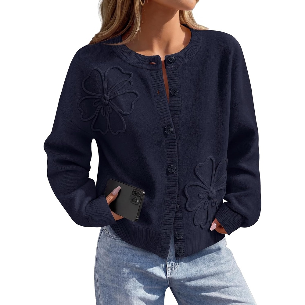 image:imageMEROKEETY Womens Fall Floral Button Up Lightweight Cardigan Sweater Trendy Long Sleeve 3D Flowers Ribbed Knit Details Soft Fabric Loose Fit Outfits Warm Cozy Sweaters 2026 Winter ClothesNavy